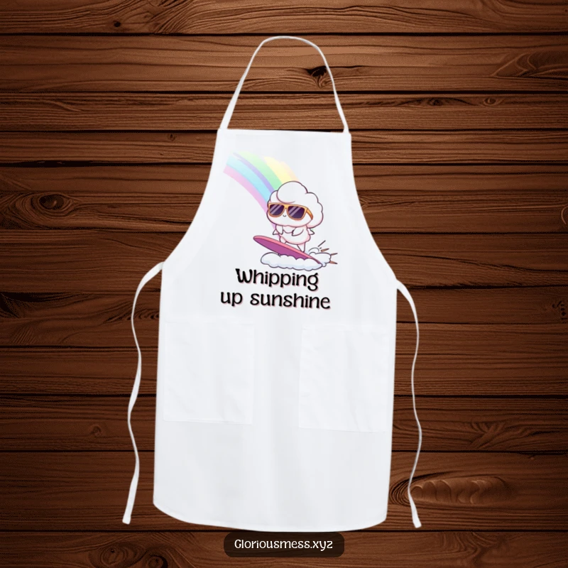 Funny apron with a cloud wearing sunglasses surfing a rainbow, adding a humorous and colorful touch to kitchen activities.