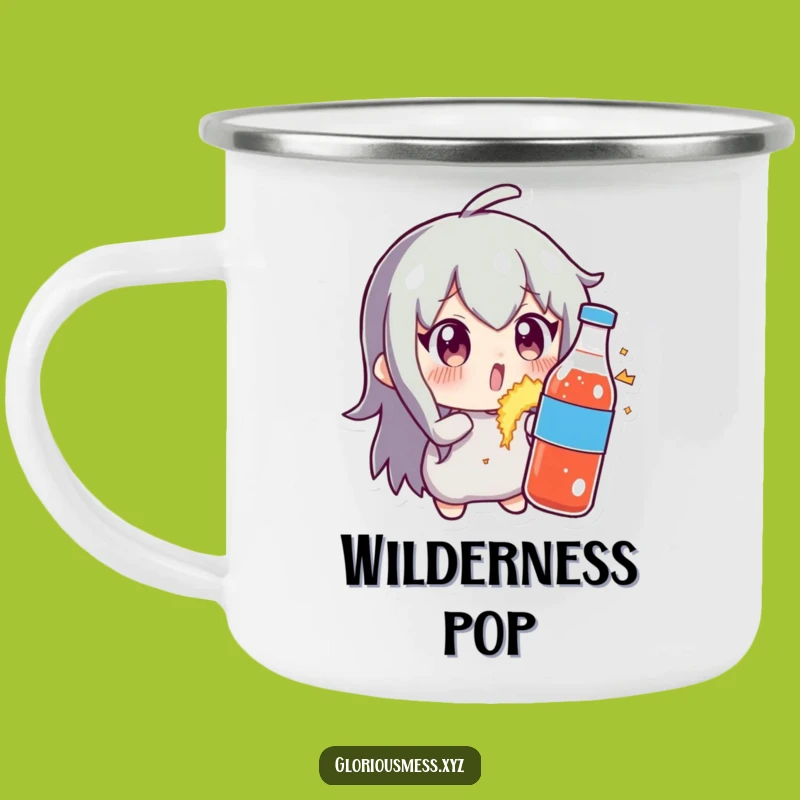 Funny Campfire Soda Explosion Mug: Character's Wide-Eyed Reaction - Outdoor Humor!