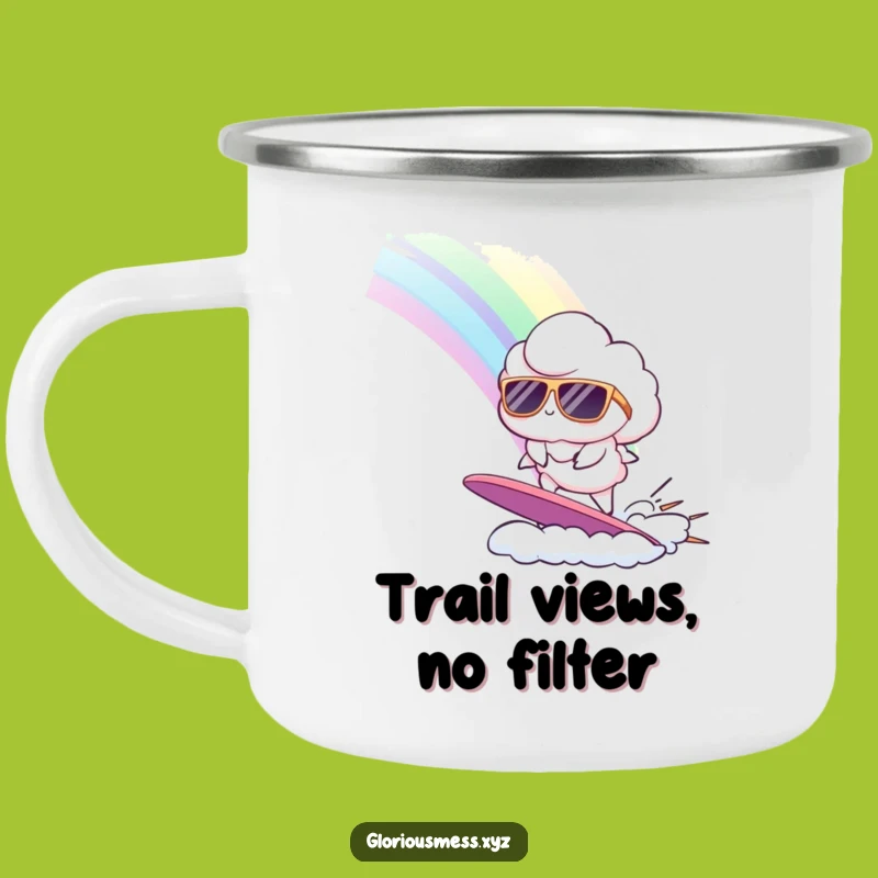 Funny Cloud Surfing Rainbow Camping Mug: Adventure Fuel for Laugh-Out-Loud Campers