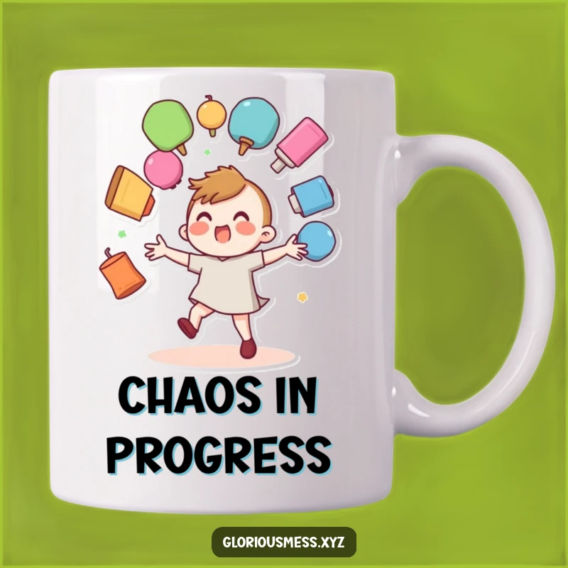 Funny Juggler Mug: Wobbly Character Fumbling Colorful Objects Gift