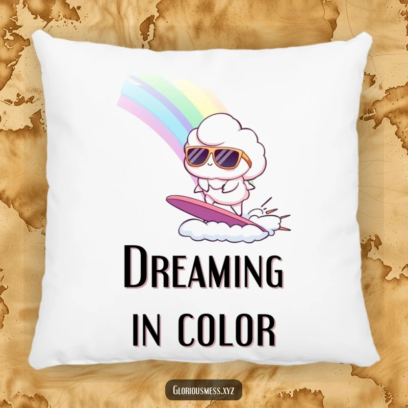 Funny pillow featuring a cloud in sunglasses surfing a rainbow, offering a soft and humorous touch to any seating area.