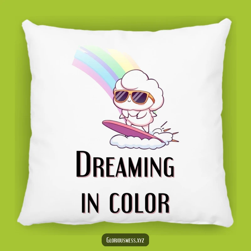 Funny Cloud Surfing Rainbow Pillow: Cuddle Up with Comedic, Cozy Comfort