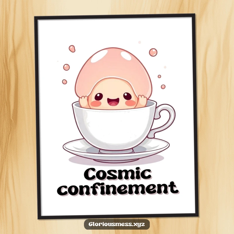 Funny digital art print of a sentient jelly blob hilariously trapped in a small teacup, a whimsical and humorous piece for walls.