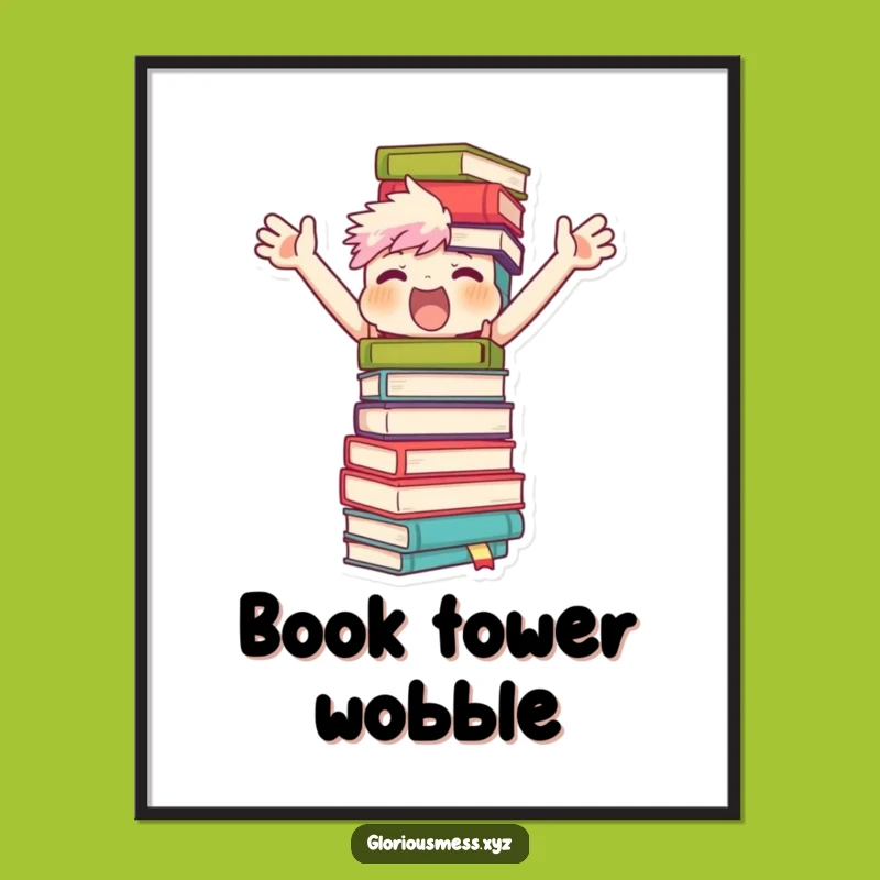 Funny Book Balance Digital Art: Character's Towering Feat - Printable Humor!
