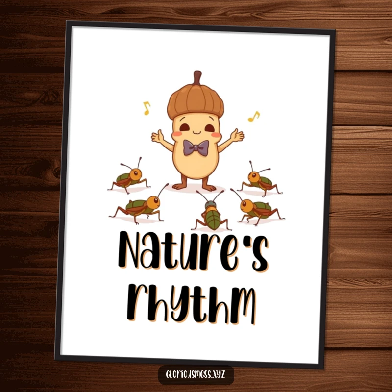 Funny digital art print of a mischievous acorn in a bowtie conducting crickets, a humorous and charming piece for wall decor.