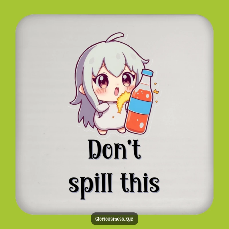 Funny Soda Capers Coaster: Character's Reaction to Explosive Fizz - Protect Surfaces!