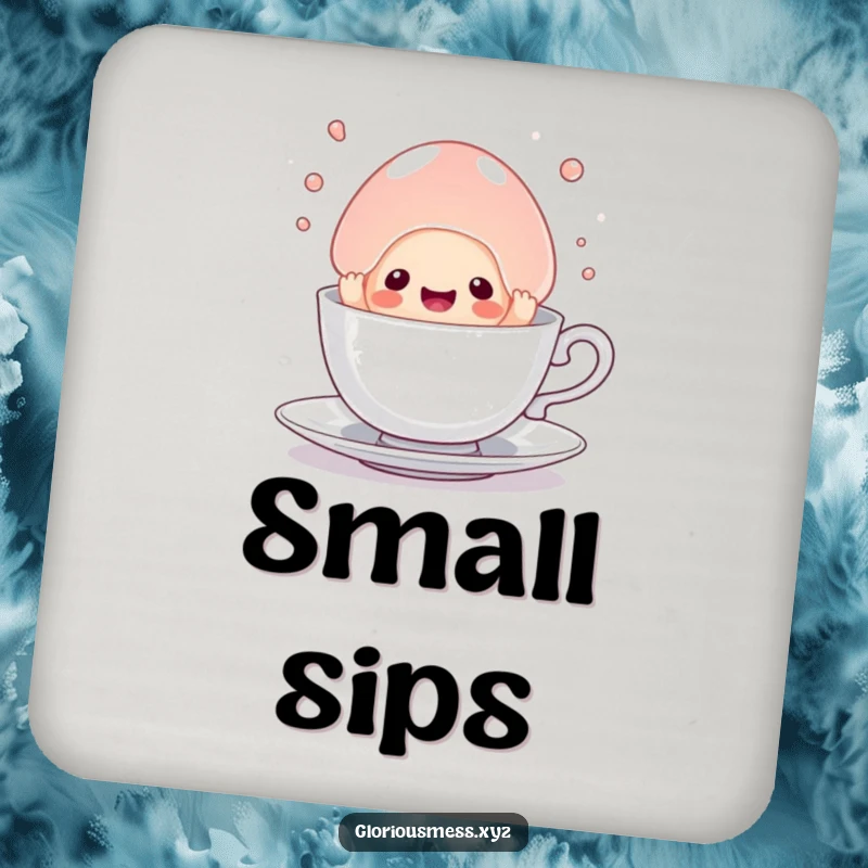 Funny drink coasters with a sentient jelly blob hilariously stuck in a teacup, offering a humorous and protective layer for tabletops.