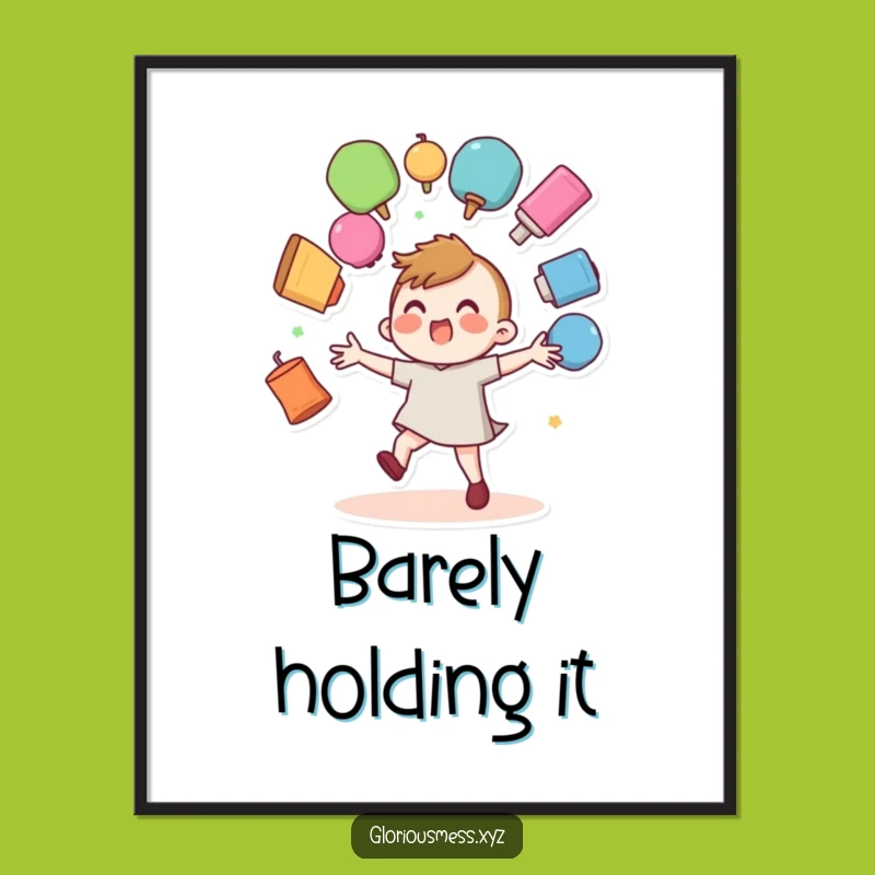 Funny Juggler Poster: Wobbly Character Fumbling Colorful Objects Art