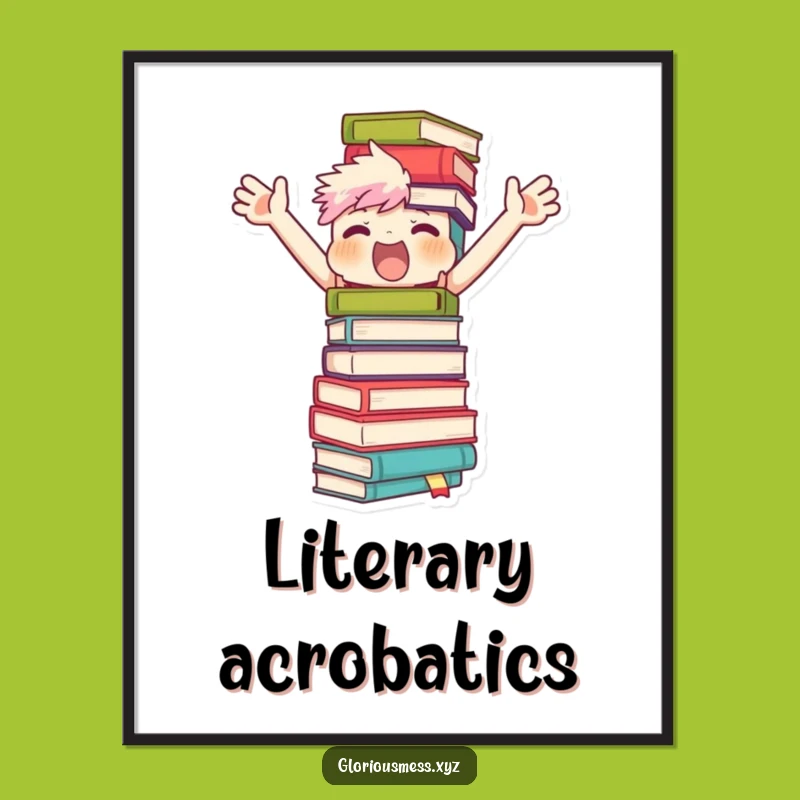 Funny Book Stack Art Poster: Character's Balancing Act - Hilarious Wall Decor!