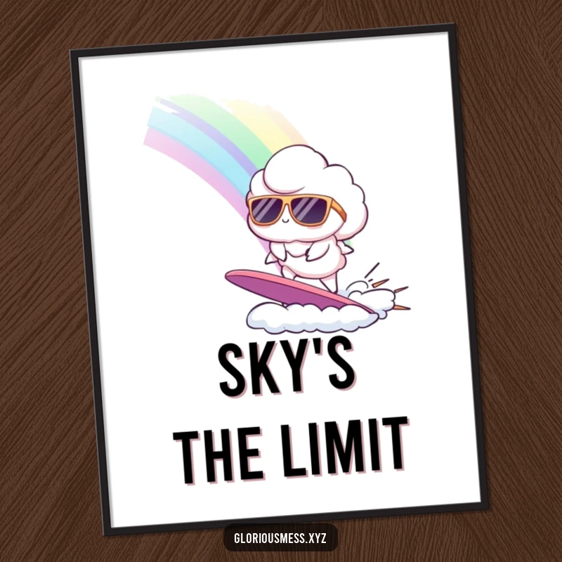 Funny poster of a cloud with sunglasses surfing a bright rainbow, evoking a sense of whimsical adventure and cheerfulness.