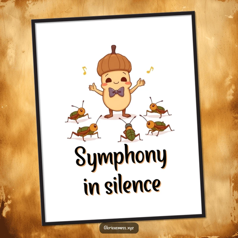 Funny poster of a mischievous acorn in a bowtie conducting a symphony of crickets, a humorous and charming piece of wall art.