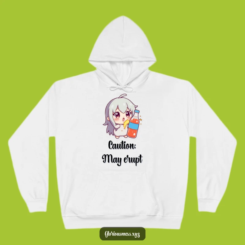 Funny Soda Chaos Hoodie: Wide-Eyed Character Escapes a Fizzy Disaster - Cozy & Humorous!