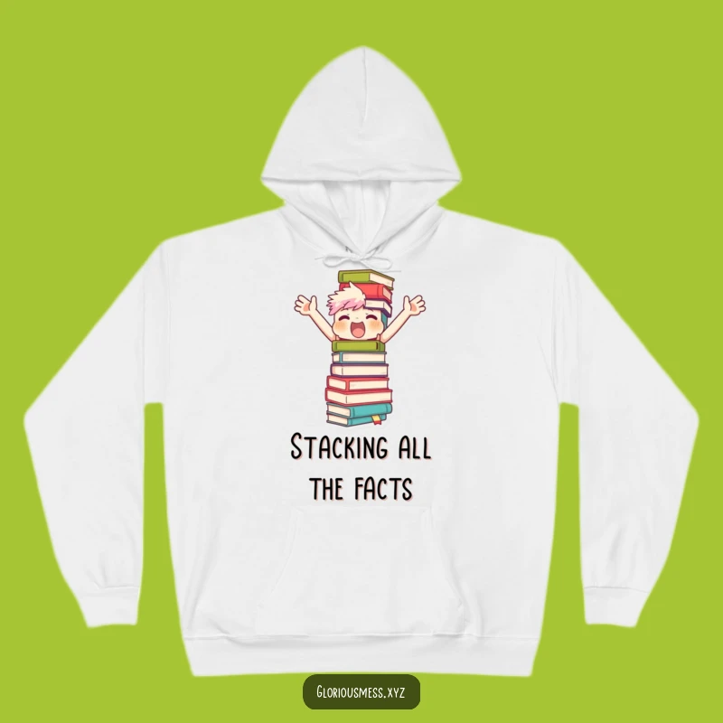 Funny Bookworm Balance Hoodie: Character's Teetering Tower - Cozy & Scholarly Fun!