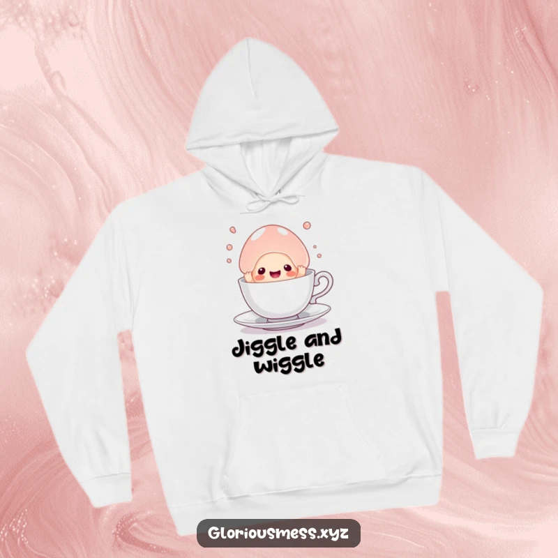 Funny hoodie with a sentient jelly blob struggling inside a minuscule teacup, perfect for cozying up with a humorous design.