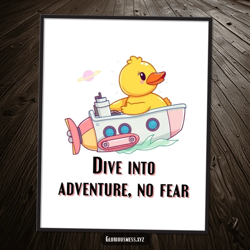 Funny Free Printable Wall Art of a rubber duck piloting a miniature submarine through a colorful bathtub nebula.