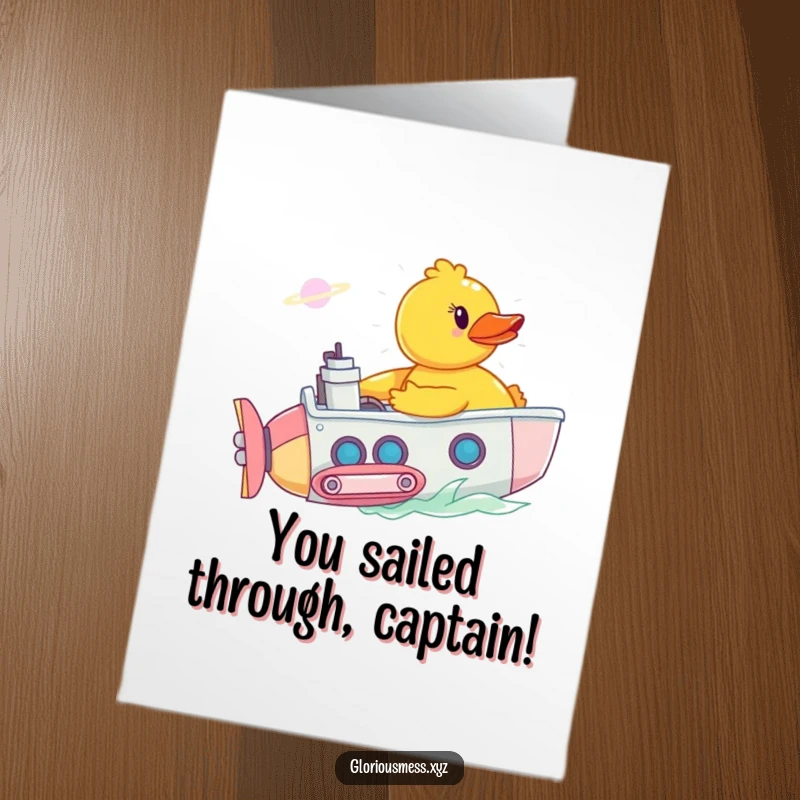 Funny Free Printable Congratulations Card depicting a rubber duck captaining a submarine through a bubbly nebula.