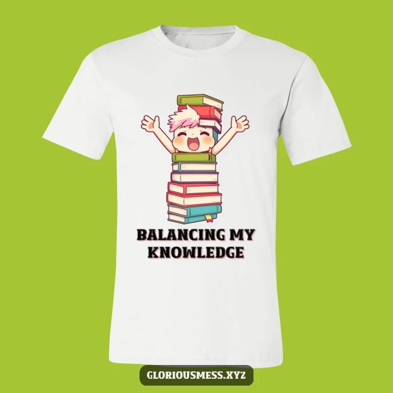Funny Reader's Struggle T-Shirt: Character Balancing Book Tower - Hilarious Novelty Tee!