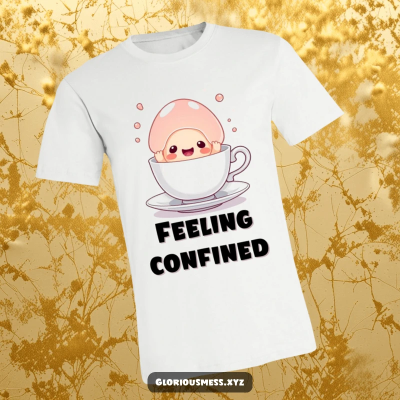 Funny t-shirt featuring a sentient jelly blob hilariously attempting to escape a comically small teacup, embodying relatable struggle.