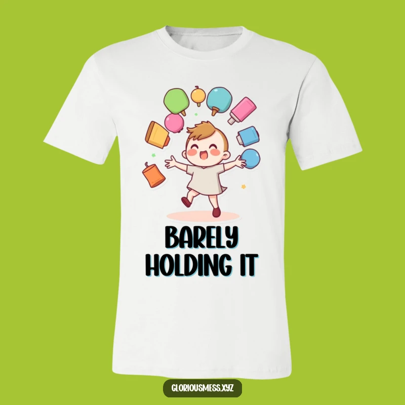 Funny Juggler T-Shirt: Wobbly Character Fumbling Colorful Objects