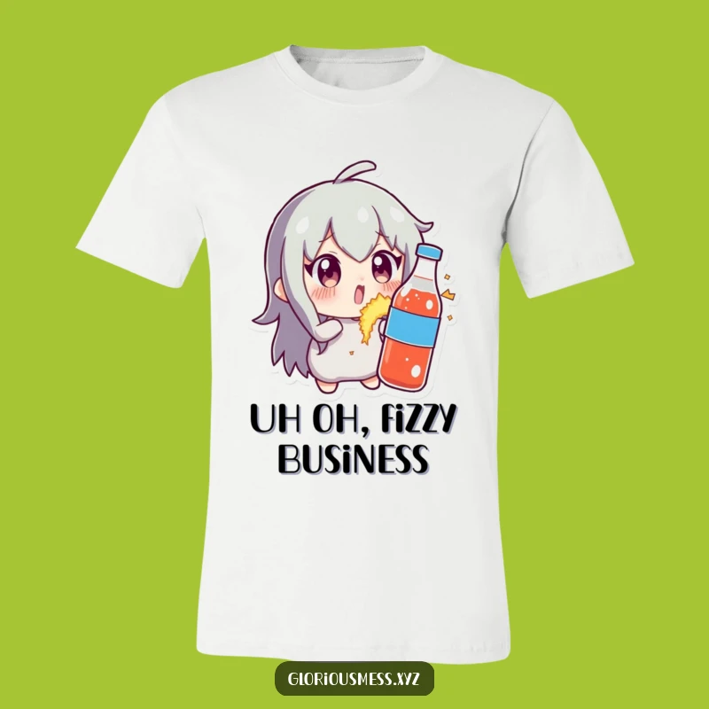 Funny Soda Bottle Explosion T-Shirt: Wide-Eyed Character Reacts Hilariously - Cool Tee!